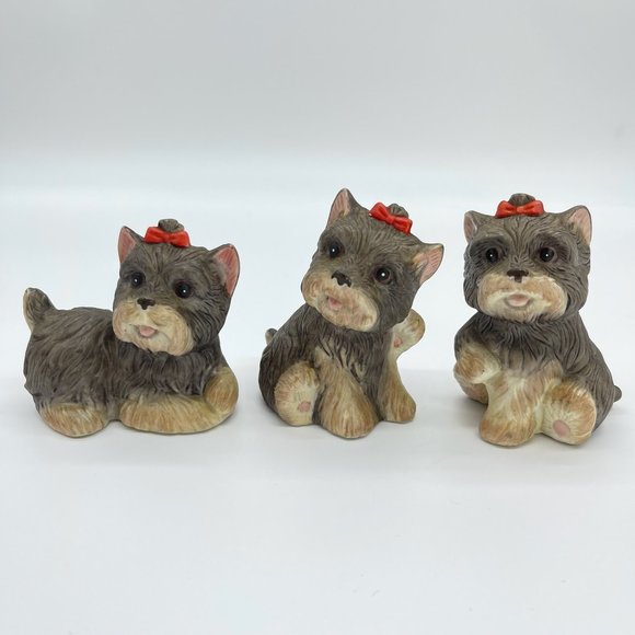 Vintage Homco Yorkshire Terrier Figurines Yorkies With Red Bows - Picture 1 of 9